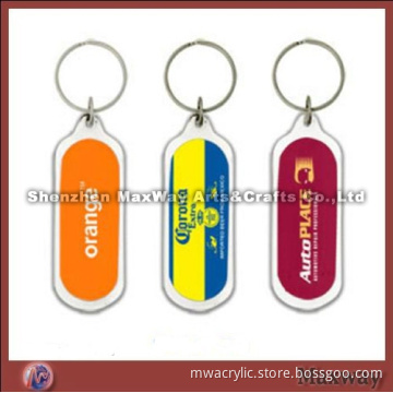 Long oblong-shaped clear polished promotional acrylic key chain/ring/holder with your picture or ad